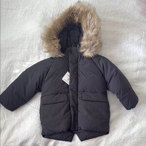 Zara Kids Charcoal Puffer Jacket with Removable Faux Fur Trim Size 18-24 Months